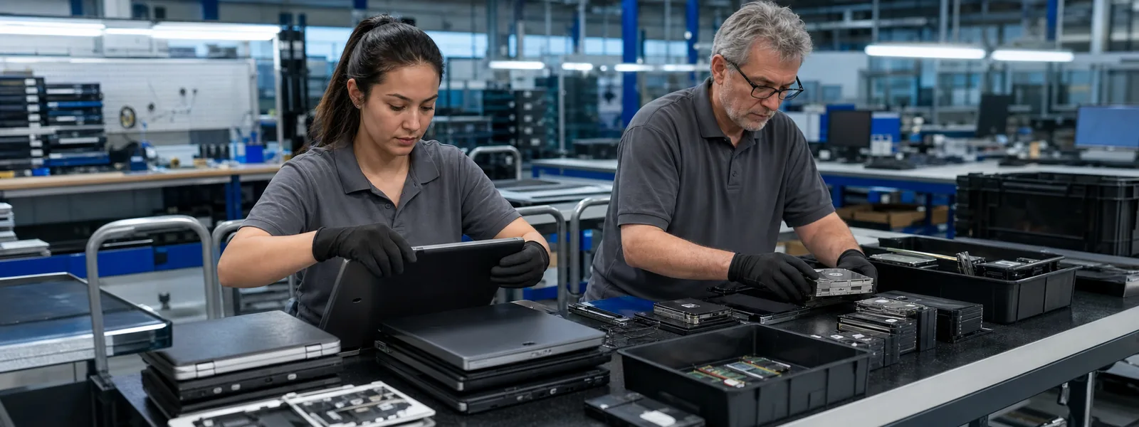 Two ITAD technicians preparing mixed storage devices for erasure.